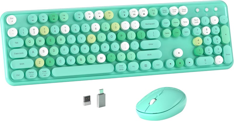 MPTOG Colorful Wireless Computer Keyboard and Mouse Combo with Round Typewriter Keycaps, Retro Design, Power Switch, Ergonomic Design, 2.4GHz Wireless for Windows, Mac, PC(Green-Colorful) - Image 1